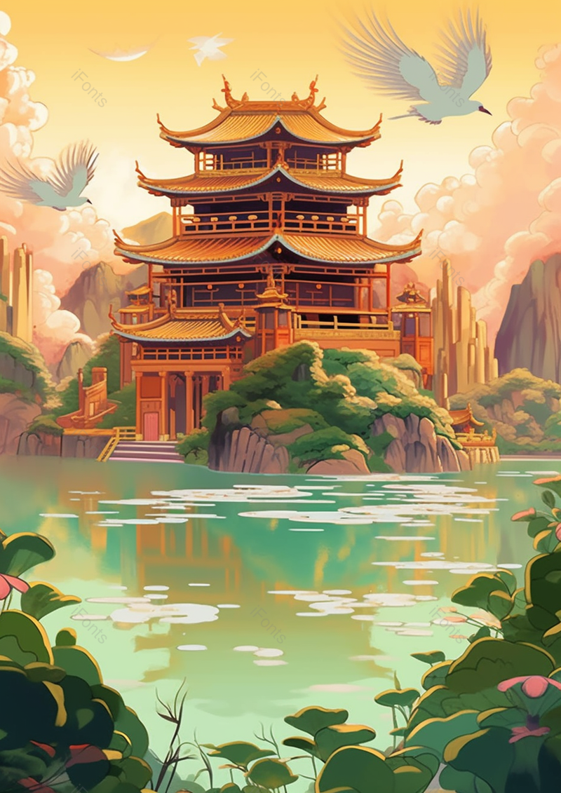 国潮风风景楼阁插画背景,插画/手绘图,插画/手绘图库,插画/手绘图下载,插画/手绘